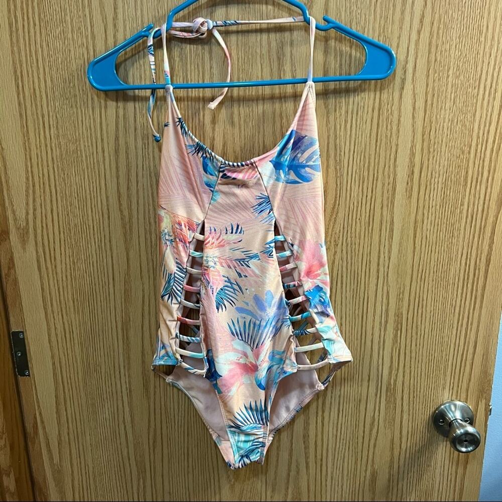 No Boundaries Juniors One Piece Tropical Swimsuit Size Medium 7 - 9 Halter Top - Picture 3 of 16